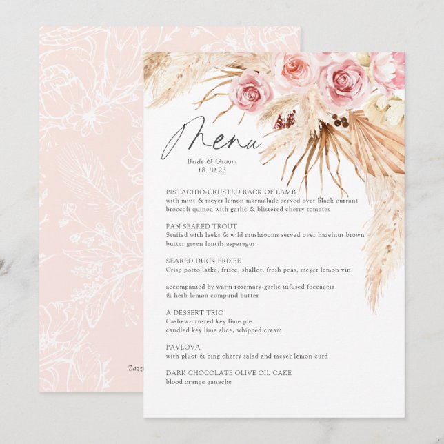 Menu Aquarelle Boho Floral Pampas Gras Mariage (Devant / Derrière)