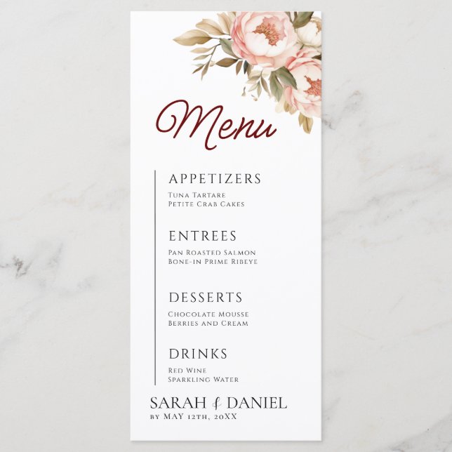 Menu Aquarelle Boho Peonies Floral Mariage (Devant)