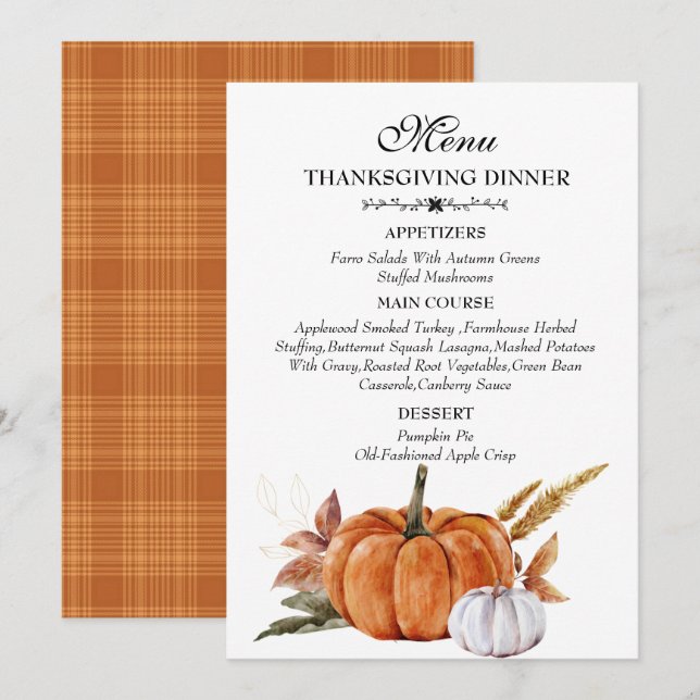 Menu Aquarelle brûlée Orange Citrouille Thanksgiving  (Devant / Derrière)