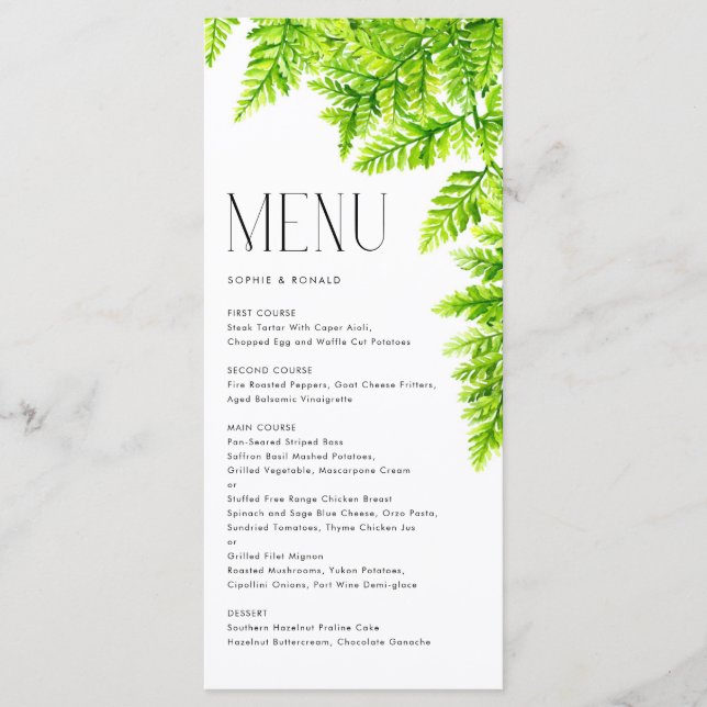 Menu Aquarelle Chartreuse Green Fern Feuille Mariage (Devant)
