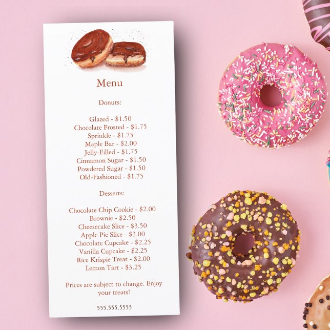 Menu Aquarelle Chocolat Dollars Vernis Prix (Enhance Your Bakery's Charm: Display Our Watercolor Chocolate Glazed Donuts Price Menu.)
