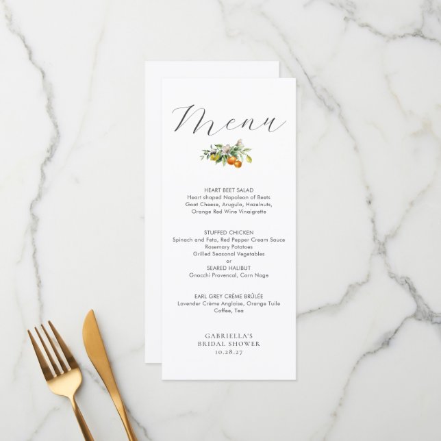 Menu Aquarelle Citron Fête des mariées Citrus Orange (Devant/Arrière en situation)