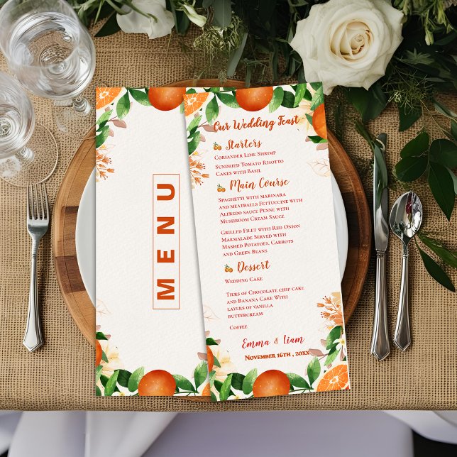 Menu Aquarelle Citrus Orange Mariage Dîner de réception (Watercolor Citrus Orange Wedding Reception Dinner Menu)