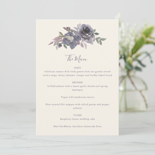 Menu Aquarelle couleur violet duvet Mariage sur mesure (Debout devant)