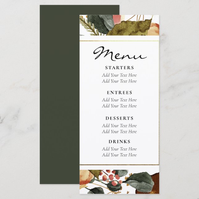 Menu Aquarelle d'automne Floral Rustique Mariage vert f (Devant / Derrière)