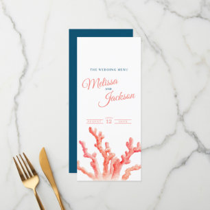 Menu Aquarelle de corail vivant mariage bleu orange men