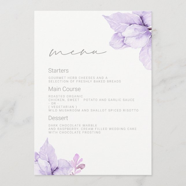 Menu Aquarelle de Mariage de fleurs violet Mariage éton (Devant)
