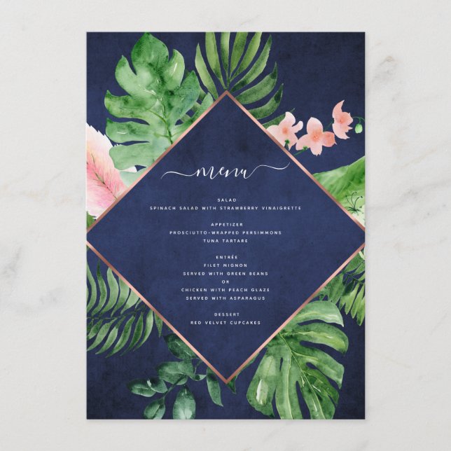 Menu Aquarelle de palme tropicale Mariage bleu marine (Devant)