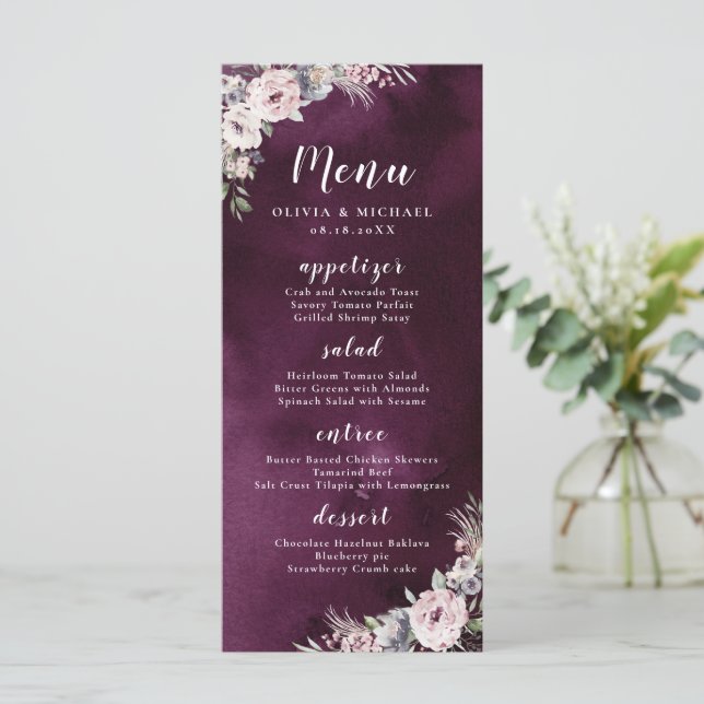 Menu Aquarelle de prune et mariage floral boho rose pou (Debout devant)