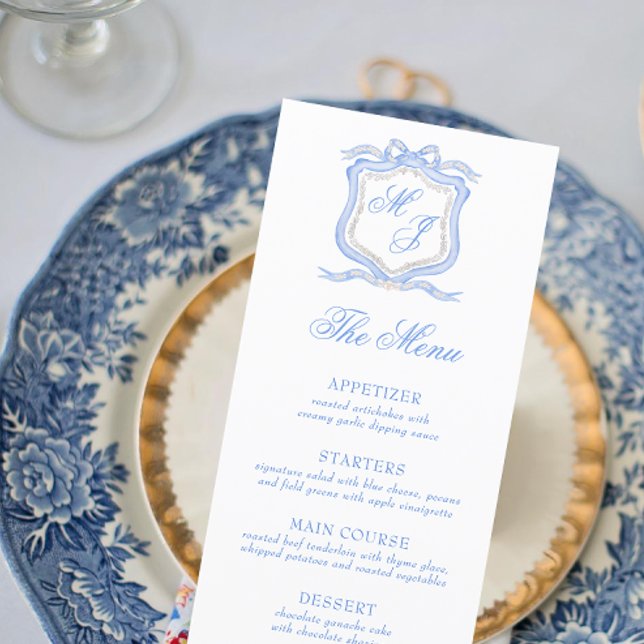 Menu Aquarelle Designer Blue Monogram Crest Mariage (Créateur téléchargé)
