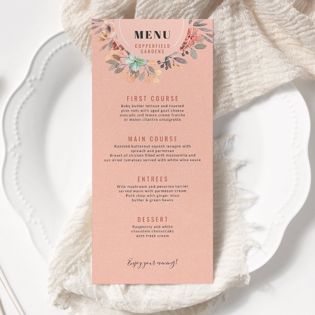 Menu Aquarelle en cuivre rose pâle Floral Chic Mariage (Créateur téléchargé)