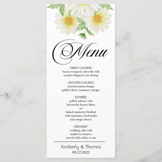 Menu Aquarelle Fleurs de marguerite Dîner Mariage (Devant)