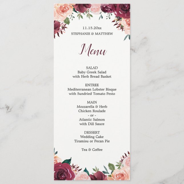 Menu Aquarelle Floral Blush Bourgogne Mariage Rose (Devant)