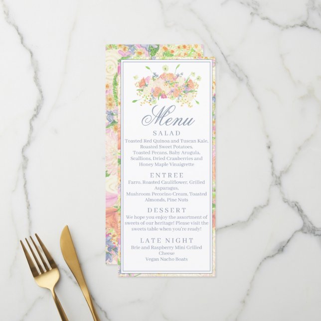 Menu Aquarelle Floral Garden Party Crest (Devant/Arrière en situation)