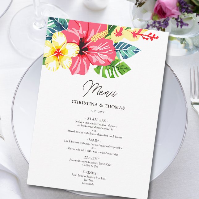 Menu Aquarelle Floral Hibiscus Mariage tropical (Créateur téléchargé)
