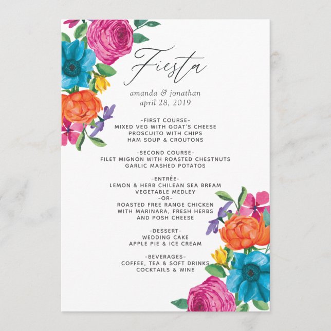 Menu Aquarelle Floral Mariage Fiesta (Devant)