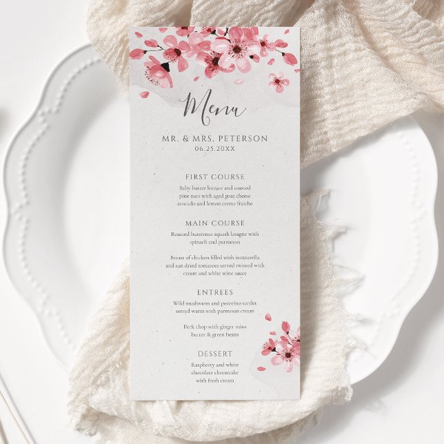 Menu Aquarelle Floral rose cerisier Mariage (Créateur téléchargé)
