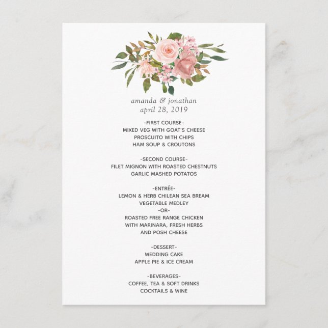 Menu Aquarelle florale Blush Mariage rose (Devant)