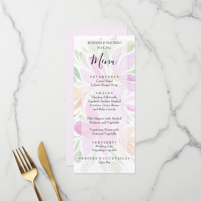 Menu Aquarelle florale floue artistique peinte à la mai (Devant/Arrière en situation)