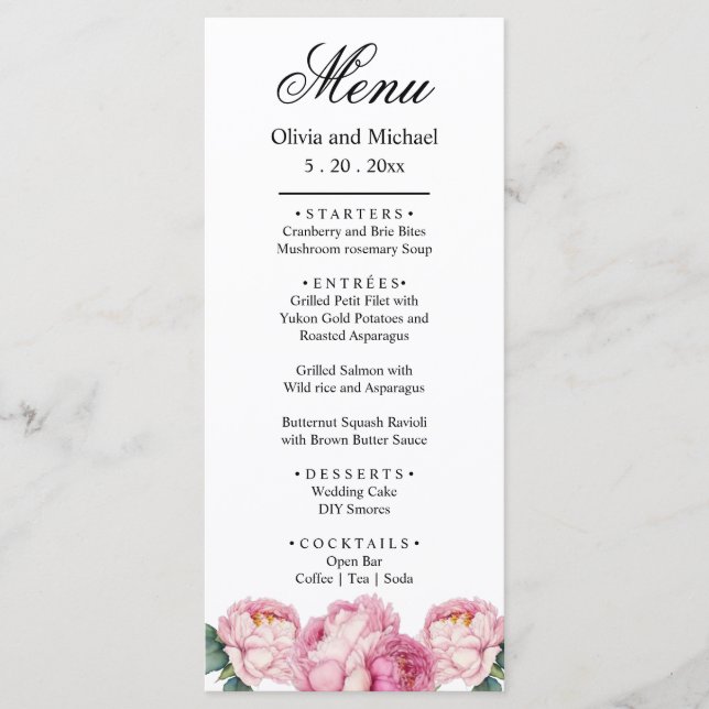 Menu Aquarelle florale rose pis rose roses roses (Devant)