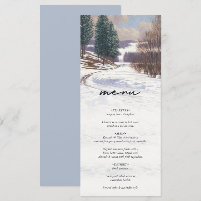 Menu Aquarelle Hiver Mariage paysage neige (Devant / Derrière)