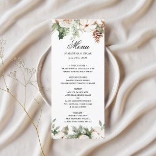 Menu Aquarelle Hiver Pin vert Arbre et Fleurs blanches