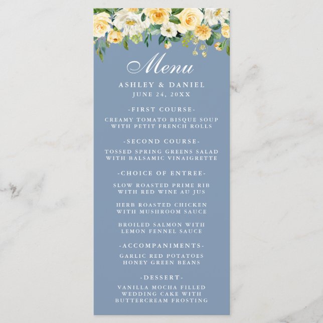 Menu Aquarelle Jaune Floral Dusty Blue Mariage (Devant)