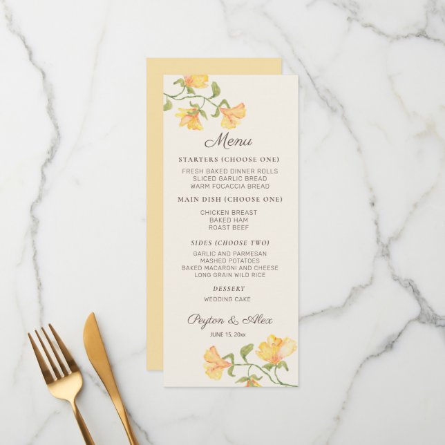 Menu Aquarelle jaune pastel Réception de mariage floral (Devant/Arrière en situation)