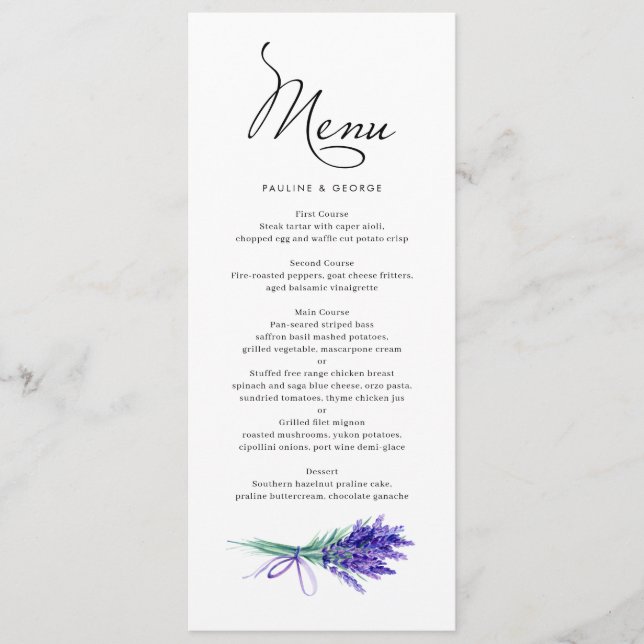 Menu Aquarelle Lavande Florale Bouquet Printemps Mariag (Devant)