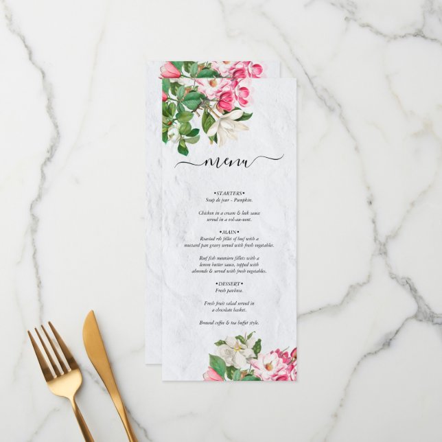 Menu Aquarelle Magnolia Fleurs Mariage (Devant/Arrière en situation)