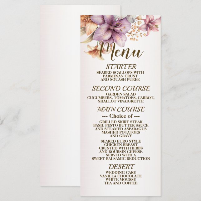 Menu Aquarelle mariage Boho Rose Fleurs Élégantes (Devant / Derrière)