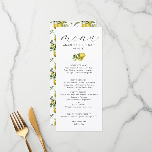 Menu Aquarelle moderne Citrus Mariage (Devant/Arrière en situation)