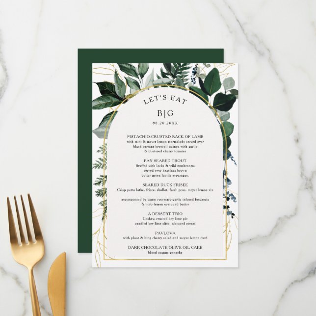 Menu Aquarelle moderne Dîner de répétition botanique (Devant/Arrière en situation)