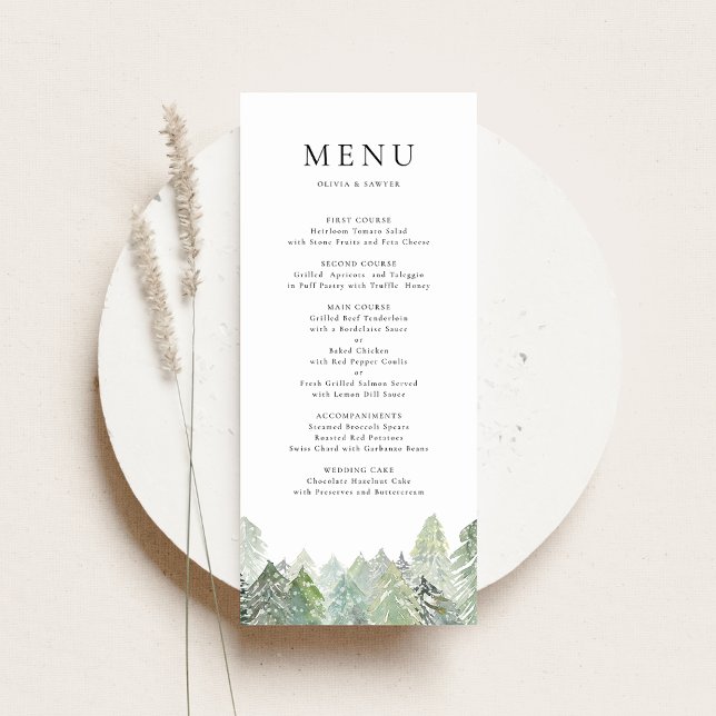 Menu Aquarelle Neige À feuillage persistant Bois Mariag (Customizable menu card featuring a snowy watercolor pine forest, ideal for winter weddings & events.)