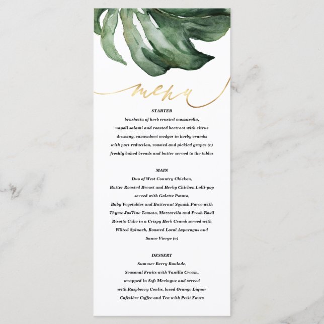Menu Aquarelle palme tropicale + or mariage (Devant)