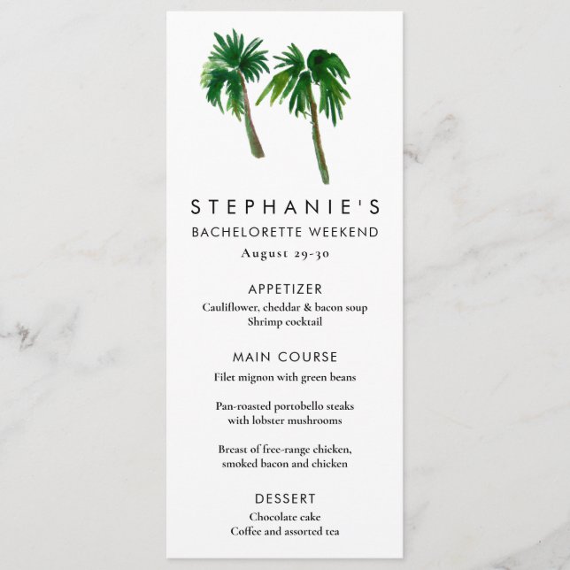 Menu Aquarelle Palmiers tropicaux Bachelorette (Devant)