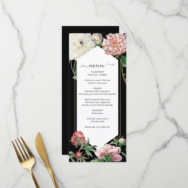 Menu Aquarelle Peonies rose Fleurs Mariage Noir (Devant/Arrière en situation)