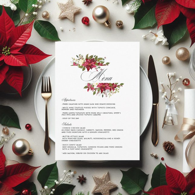 Menu Aquarelle Poinsettia et Mariage de Noël Holly (Watercolor Poinsettia and Holly Christmas Wedding Menu)