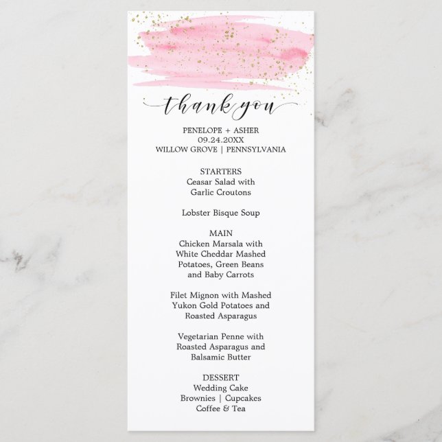 Menu Aquarelle Rose Blush & Gold Merci (Devant)