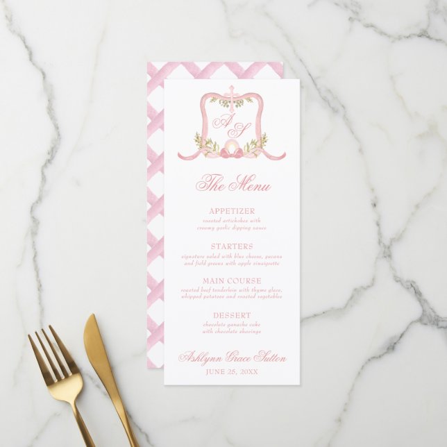Menu Aquarelle rose Croix Monogramme Crest Christine (Devant/Arrière en situation)