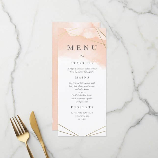 Menu Aquarelle rose et cadre géométrique or (Devant/Arrière en situation)