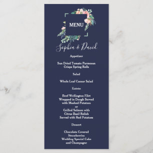 Menu Aquarelle rose Fleurs blanches Mariage cadre vert