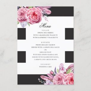 Menu Aquarelle rose fleurs et plumes mariage
