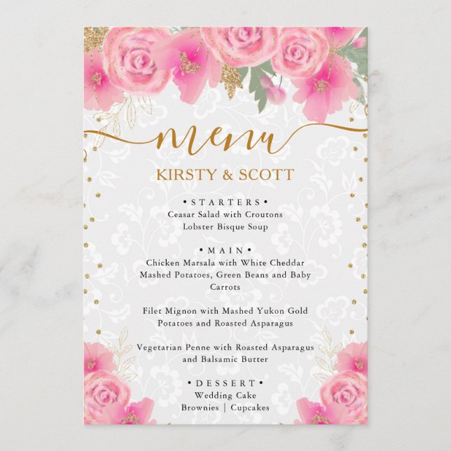 Menu Aquarelle rose Fleurs Mariage (Devant)