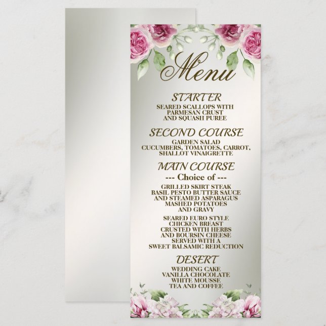 Menu Aquarelle rose Floral Frame Bronze brillant (Devant / Derrière)