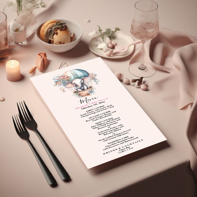 Menu Aquarelle rose mignonne Air Balloon Elephant Baby  (Créateur téléchargé)