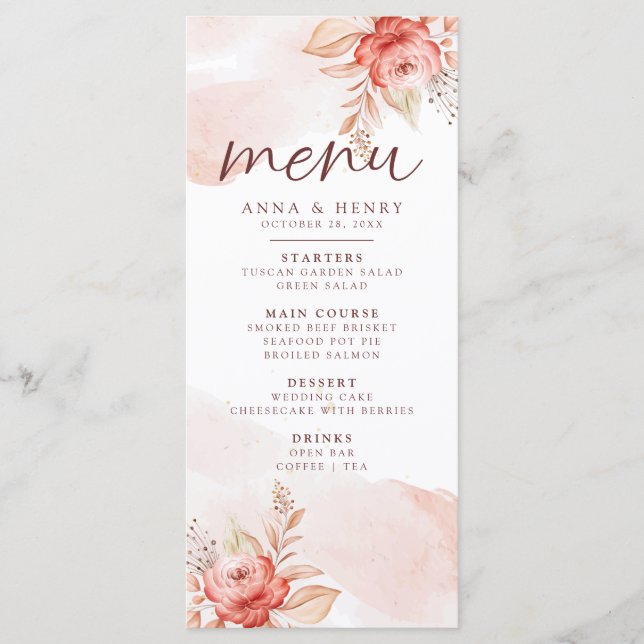 Menu Aquarelle rose Peach Floral Feuille Mariage (Devant)
