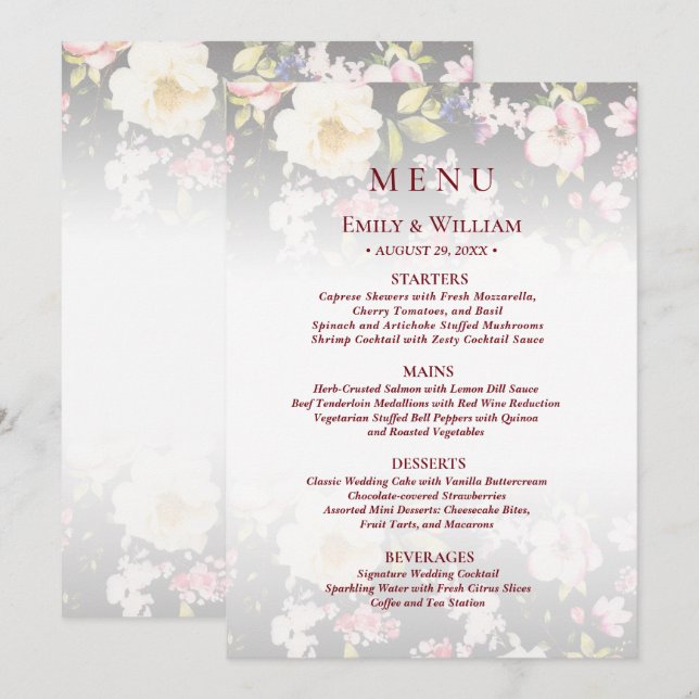 Menu Aquarelle rose Roses jaunes, noir flou, Mariage (Devant / Derrière)