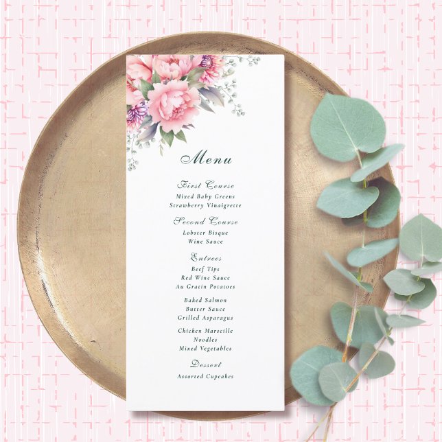 Menu Aquarelle rose vif Peony floral Script romantique (Créateur téléchargé)