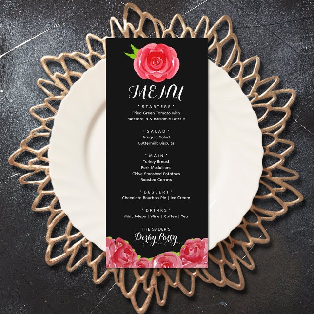 Menu Aquarelle Rouge Roses Derby (Watercolor Red Roses Derby Party Menus)